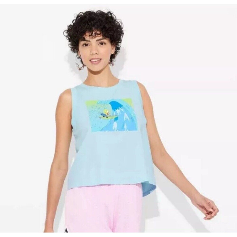 Spongebob Surfing Juniors Nickelodeon Printed Crop Tank top size L~Blue